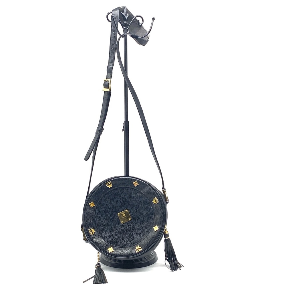 MCM Black and Gold Studs Leather Tambourine Crossbody Zipper Bag Small Tassels